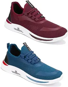 WORLD WEAR FOOTWEAR Soft Comfortable and Breathable Canvas Lace-Ups Sports Running Shoes for Women (Maroon and Blue, 8) (S17929)