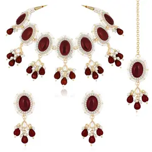 Peora Gold Plated Maroon Synthetic Stone & Beads Studded Necklace Earrings & Maangtikka Set Ethnic Fashion Jewellery for Women & Girls