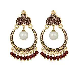 Piah Fashion Kundan Chand Bali White Pearl Maroon Beads Earrings for Women