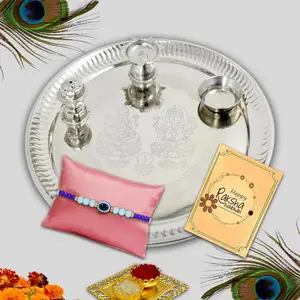 Avirons Brother Rakhi Gift Pack – Elegant Rakhi Thread, Silver Thali, Tilak Set & Card – Celebrate the Sacred Bond This Raksha Bandhan with Devotion.