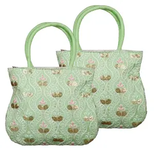 Kuber Industries Hand Bag | Traditional Tote Hand Bag for Women | Silk Wallet Hand Bag | Ladies Purse Handbag | Curved Shape Embroidery Hand Bag | Pack of 2 | Green