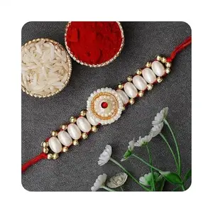 eCraftIndia Designer Pearls Rakhi with Roli Chawal Pack and Raksha Bandhan Greeting Card - Rakhi for Brother, Bhaiya, Bhai