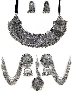 COSMO DUST Women Oxidised Choker Necklace & Maang Tikka Set | | | SLC-023 |