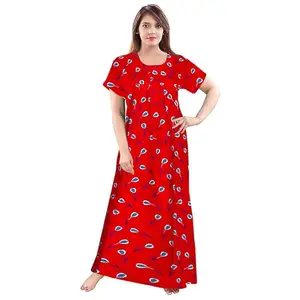 Women's Cotton Printed Nighty – Comfortable Full-Length Sleepwear with Short Sleeves-BZPE-4-Free