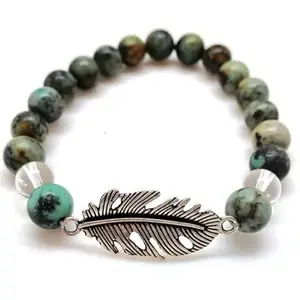 Lady Works Natural African Turquoise & Clear Quartz 8mm Round Shape Smooth Cut Beads 7.5 Inch Stretchable Bracelet For Men & Women. Unisex Bracelet For Healing, Meditation & Luck|LW_BRST_00209_7.5