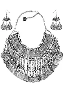 Total Fashion Afghani Oxidised Coin Choker Necklace Set for Women & Girls, Silver