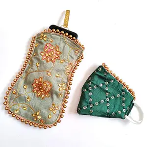 Women's Embroidered Mobile-Phone Pouch Cover Rich Embroidery in Traditional Indian Style and Sari Hook - With Mask