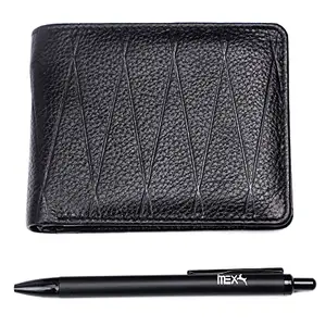 IMEX Combo Black Genuine Leather Wallet with Slim Black Pen