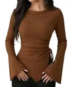 GORBETALI Ribbed Bell Sleeve | Round Neck Slim Fit Stretchable for Casual