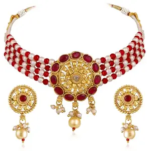 Peora Gold Plated Rani Pink White Synthetic Stone & Beads Studded Necklace Drop Earrings Jewellery Set for Women & Girls