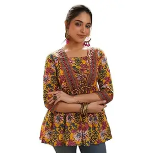 Women's Ethnic Printed Rayon Short Kurta | Stylish Round Neck V-Slit Straight Kurti | Comfortable, Office & Casual Kurta for Jeans, Leggings & Trousers