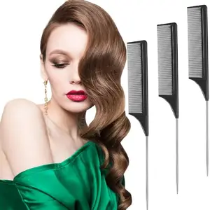 FEELHIGH Rat Tail Combs Parting Comb 3Pcs Rat Tail Comb Set, Long Steel Pin Rat Tail Teasing Comb, Hair Combs for Salon Hair Stylist, Tail Combs Metal,Parting Combs for Women