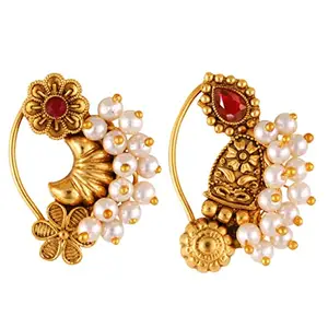 VFJ VIGHNAHARTA FASHION JEWELLERY Vighnaharta Golden Moti Pearls Nath Nathiya nose pin Gold Plated Alloy two Nose Ring valentine day gift valentineday gift for her gift for him gift for women gift for woment[VFJ1179-1176NTH-Press-Red]