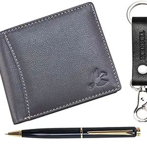 HORNBULL Themes Grey Leather Wallet for Mens, Keyring & Pen Combo Gift Set for Men PN126