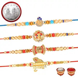 De Marquis 4 Designer Rakhi Sets |1 Laxmi-Ganesh Pooja Coin | DT-08933 Pearl, Kundan, Mauli Thread Rakhee for Brother | Roli-Chawal | Best Wishes Greeting Card (Pack of 4 Rakhees)