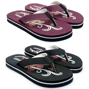 VAHMAH Women's flat Printed Slipper Flipflop/Daily Flipflops/Slipper For Girl Women Stylish | Super Soft | Casual wear| Anti Skid |Thong Slippers for Women (Tan)(Combo Pack Of 2) (BLT-079-Maroon-BLK-37)_PT