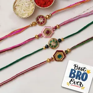 eCraftIndia Set of 4 Multicolor Designer Rakhis, Best Bro Ever Fridge Magnet with Roli Chawal Pack - Rakhis for Brother, Bhabhi, Kids