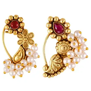 Vivastri's Premium & Elegant Peackock Style Cubic Zirconia Bead Studded Nose Rings For Women & Girls -VIVA1173-1171NTH-Press-Red