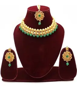Bold Style Ethnic Necklace Set with Green Beads and Gold-Plated Elegance