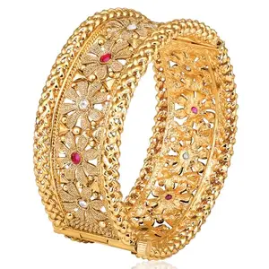 Peora Gold Plated Thick Single Piece Synthetic Stone Studded Openable Kada Bangle Traditional Jewellery for Women (Size - 2.4 inch)