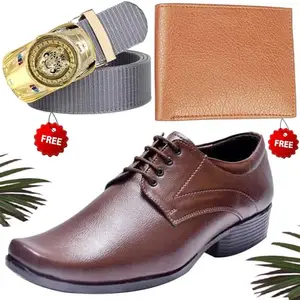 Vitoria Men's PU Formal/Party Shoes | Shoes Combo with Free Wallet & Belt | Stylish & Comfortable | Ideal for Office, Casual Outings, Parties (6804_RT-Tan-1004) (Multicolor)(Size: 9UK)