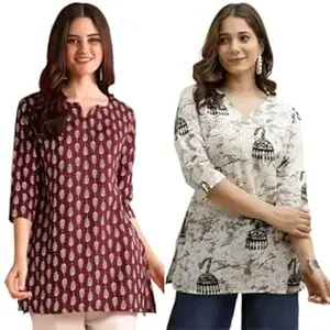 MS VHCK ENTERPRISE Women's Cotton Printed Short Kurti, Round Neck, Three Quarter Sleeve, Straight Fit, Pack of 2