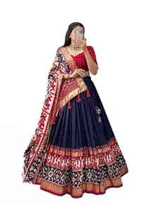 Kapindra Enterprise Women's Trending Designeer Tussar Silk Lehenga Choli Print with Foil Work With Unstitched Blouse Patola Print Adorned with Foil Work For Navrati || Wedding Search this page