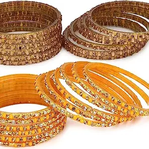 Combo Of Party & Wedding Colorful Glass Kada/Bangle, Pack Of 24, Golden,Yellow (GG_Bangle2-JN1.b_bang)