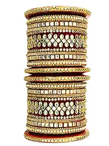 THE OPAL FACTORY Kundan Bridal Bangles Set Gold Plated Punjabi Chuda Set for Wedding with Rajasthani Kundan Stones and Pearl Bangles for Women and Girls (Maroon Red, 2.8)