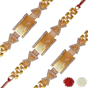 Meira Brass Flower Design Diamond Bracelate Rakhi Set of 3 with kumkum chawal & Rakshabandhan Gift Card Rakhi for Brother/Rakhi for Kids (Golden) MJK79