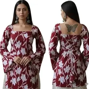 ALENJAN Rayon Floral Print Short Kurti for Women | Square Neck Long Sleeve Top for Women | Criss Cross Back Desing Kurti | Soft Breathable Fabric | Relaxed Fit | Casual and Office Wear