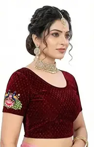 PAARTH ENTERPRISE Women Cotton Blend Peacock Print Readymade Saree Blouse Round Neck Short Sleeve Party