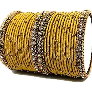 T4 Jewels Handmade Silk Thread Metal Bangles Set Zircon Stones Bridal Chuda/Wedding Chuda For Women & Girls_Gold_2.6