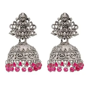 Shining Jewel - By Shivansh Shining Jewel Traditional Indian Matte Silver Oxidised CZ, Crystal Studded Temple Jhumka Earring For Women - Silver,Maroon (SJE_97_S_M)