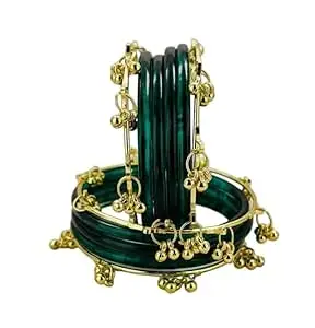 KAYASHA Trendy Glass Bangles with Alloy Ghungroo Charms For Women| Fancy Designer Glass Bangles | Traditional Chudi | Kanch Ki Churi | Stylish Ghungroo Bangles For Women - Set Of 12