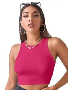 LADYGLOW Women's Ribbed Round Neck Crop Top – Sleeveless Cotton Stretch Slim Fit for Casual, Office, Travel & Stylish Layering