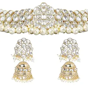 fabula by OOMPH Jewellery Gold Kundan & Pearls Jadau Ethnic Chocker Necklace Set with Drop Jhumka Earrings & Ring For Women & Girls Stylish Latest (NEDP29_AMR2)