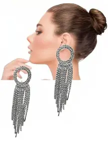 Trapon Fashion long crystal earrings western earring Crystal Drops Earring Silver Plated American Diamond Earring For Women & Girls