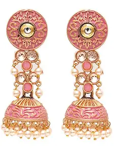 Karatcart Gold Plated Pink Meena and Pearl Studded Jhumki Earrings for Women