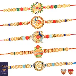 De Marquis 5 Designer Rakhi Gift Set for Brother, Mauli Thread Rakhi, Chawal Roli Pack, Greeting Card Set (5 Multicolor RAKHI set in different design with Roli and chawal)
