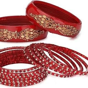1st Time Combo Of Party & Wedding Colorful Bangle/Kada Set, Glass, Red, Pack Of 14 -AJY1