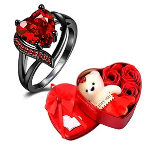 University Trendz Stylish Red Heart Cubic Zirconia Rings with Soft Teddy Bear, Romantic Gift for Valentine Day