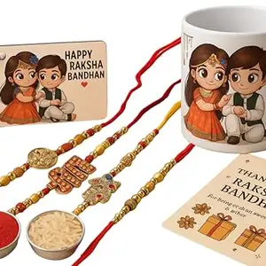 RADIQORE Veer Bhaiya Raksha Bandhan Gift Combo – Set of 4 Designer Rakhis with Mug, Keychain, Greeting Card & Roli Chawal for Brother