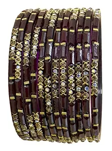 The Golden Cascade Wine Color Glass Bangles with Zircon Stone Design/Kanch Chudi Set for Women & Girls/MHRNI (Wine, Medium 2-6)