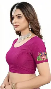 PAARTH ENTERPRISE Women Cotton Blend Peacock Print Readymade Saree Blouse Round Neck Short Sleeve Party