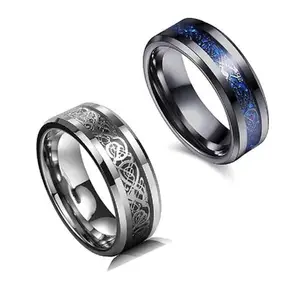 DF Store 2 Rings for Men 2 Pcs Combo Dragon Celtic Inlay Polish Finish Titanium Steel Black and Blue Rings for Men & Boys (17)