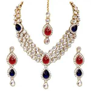 Lucky Jewellery Traditional Red Blue Color Gold Plated Kundan Necklace Set For Girls & Women (MSK-3-LINE-RED-B)