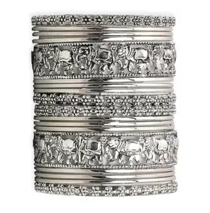 OOMPH Jewellery Combo of 18 Oxidised Silver Elephant Design Bangle Set for Women & Girls Stylish Latest - Size 2.6 (BBA11_AMR1)