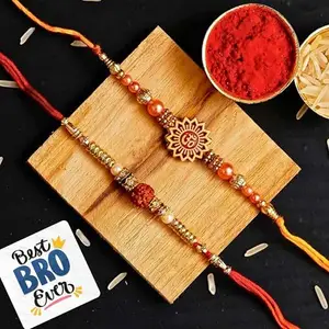 eCraftIndia Set of 2 Om & Rudraksha Rakhis with Roli Chawal Pack and Best Bro Ever Fridge Magnet - Rakhi for Brother, Bhaiya, Bhai