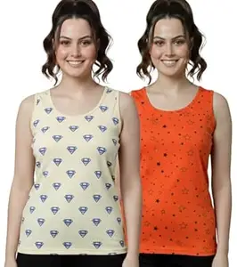 DIAZ Women Printed Tank Top for Girls & Women | Sleeveless Casual Summer Top |Printed Tank Tee | Loose Fit Camisole Top for Regular Wear, Home Wear, Gym, Yoga & Travel=Pack of 2